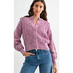 Camellia Cable Knit Cardigan Women Med Mauve Purple Cotton Balloon Sleeve Boho